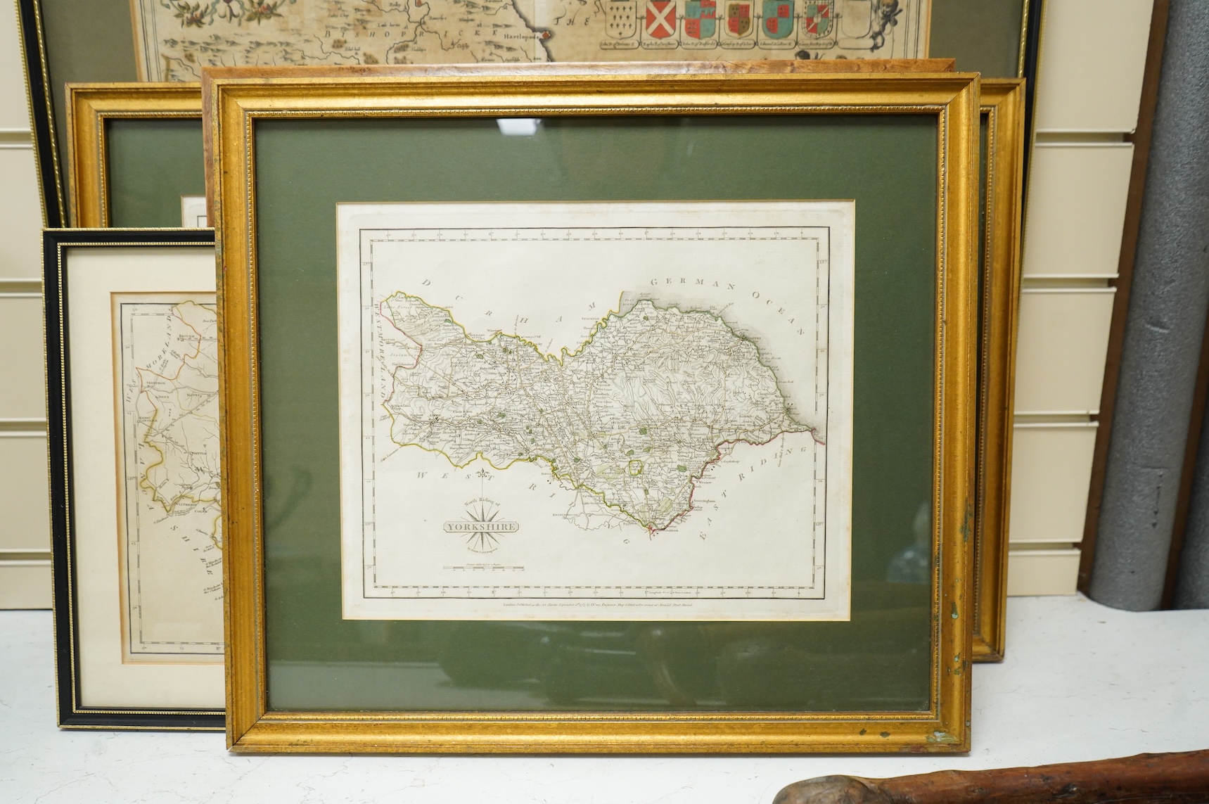 A collection of engraved maps including an example after Jan Jansson, and five late 18th century examples after J Cary, Yorkshire, published 1787 and 1793, framed, largest 38 x 50cm